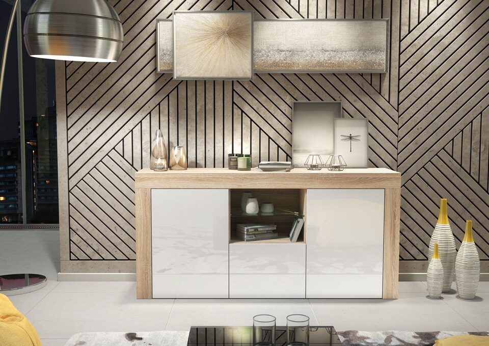 image 1 of TV Unit TV Stand Sideboard Media Cabinet Storage Cabinet Oak White High Gloss 145cm