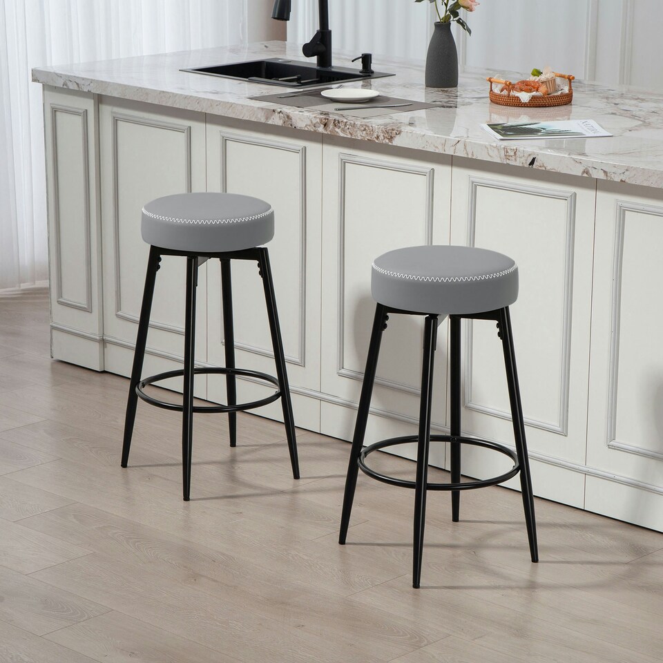image 1 of HOMCOM Swivel Bar Stools Set of 2, PU Leather Barstools with Footrest Grey