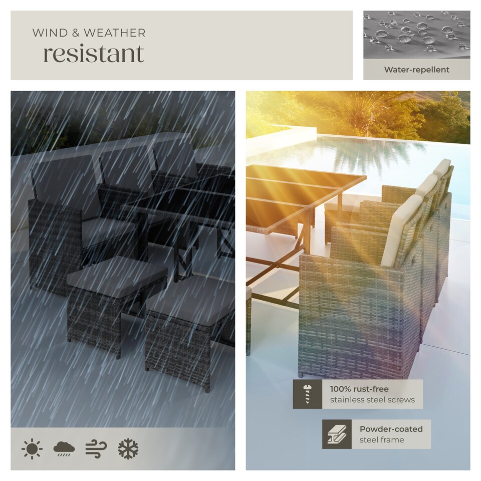 image 1 of Garden Table and Chairs Malaga - 10 seats with cushions, dining table, rain cover | Grey | grey | 53 x 53 x 87 cm | 1