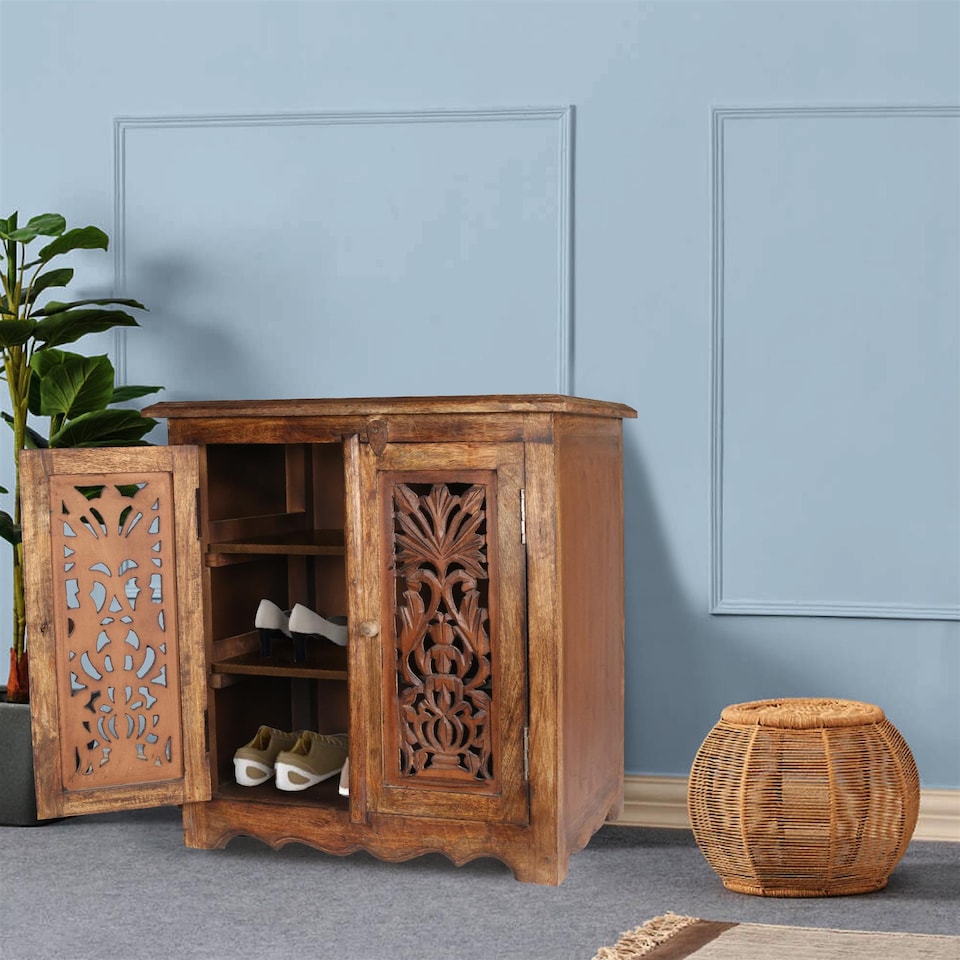 image 1 of Natural Hand Made Indian Mango Wood Shoe Cupboard Storage Unit Cabinet Light Brown 59 x 36.5 x 61 cm | Brown | Light Brown