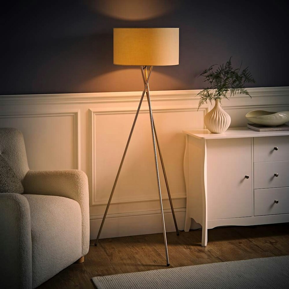 image 1 of ValueLights Camden Brushed Chrome Tripod Floor Lamp Natural Shade Cream