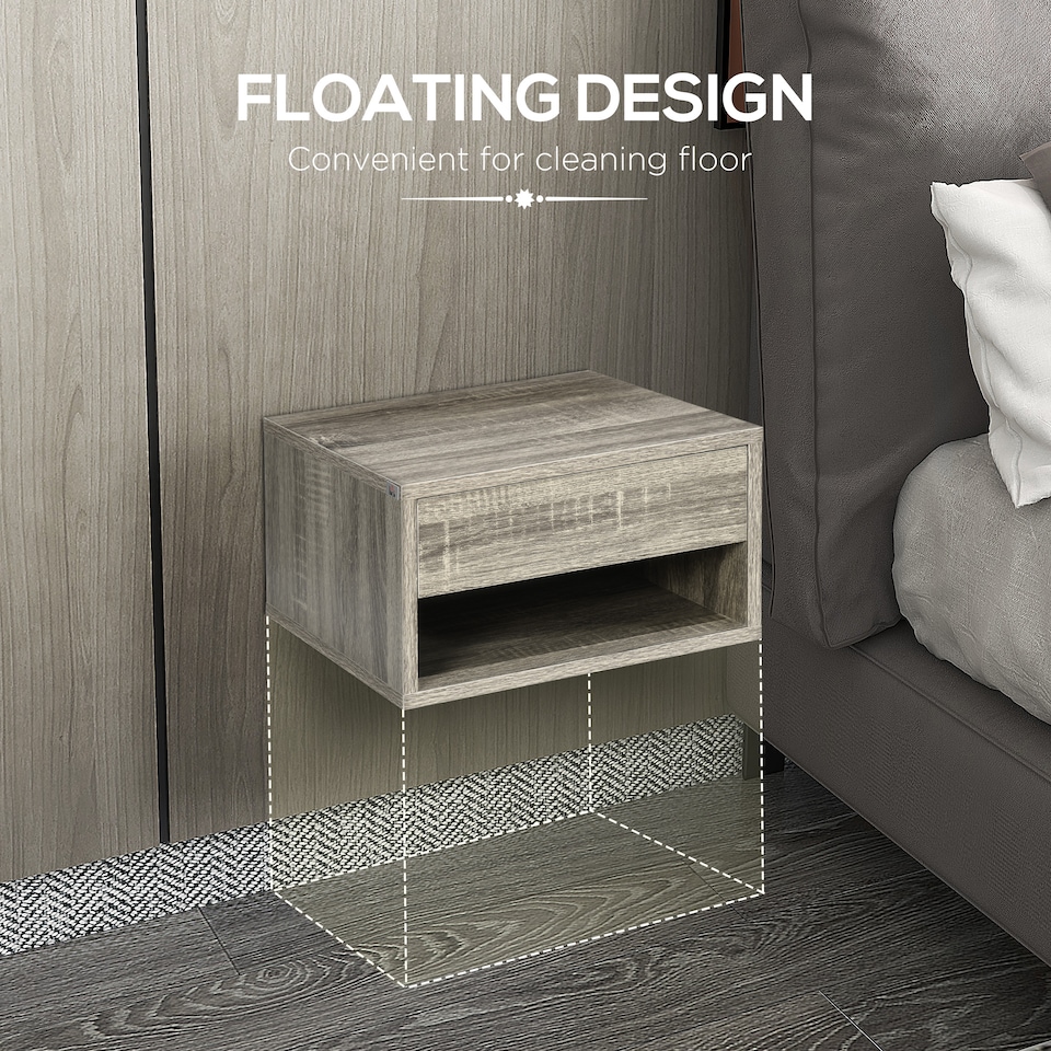 image 1 of HOMCOM Floating Nightstands Set of 2, Bedside Table w/ Drawer and Open Shelf | Brown