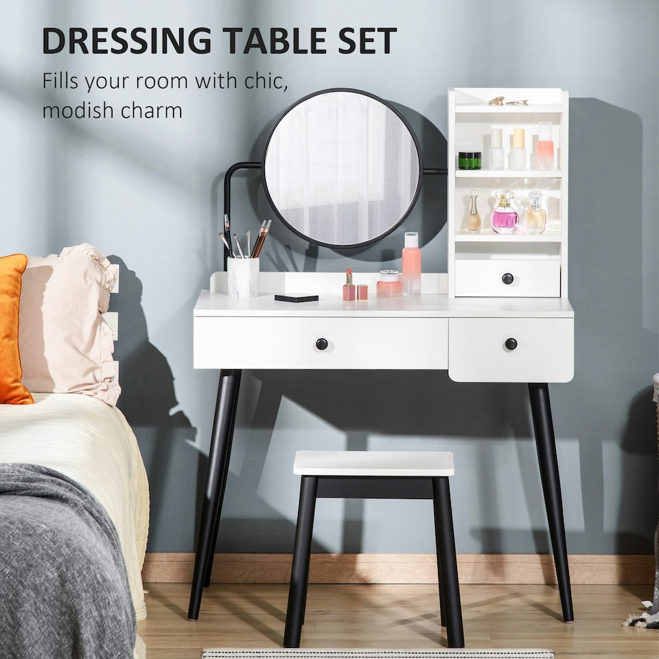 image 1 of HOMCOM Dressing Table Set with 3 Drawers, Storage shelves and Stool, White