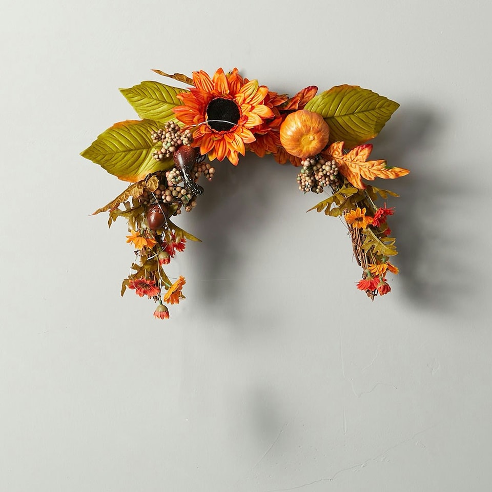 image 1 of Living and Home Artificial Sunflower Wreath with Pumpkins - Halloween Hanging Decor