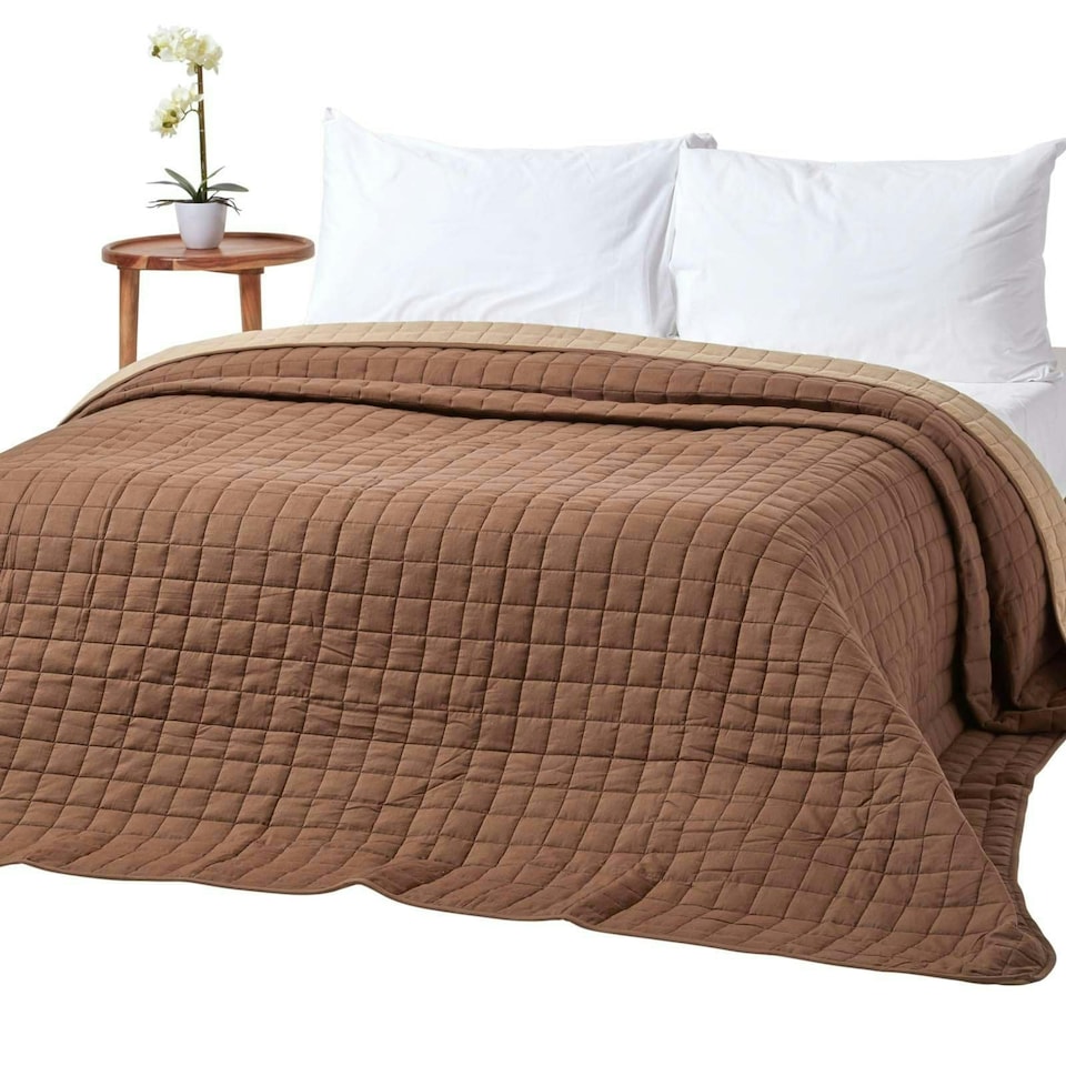 image 1 of Homescapes Cotton Quilted Reversible Bedspread Chocolate Mink Brown - 200 x 200 cm | Brown