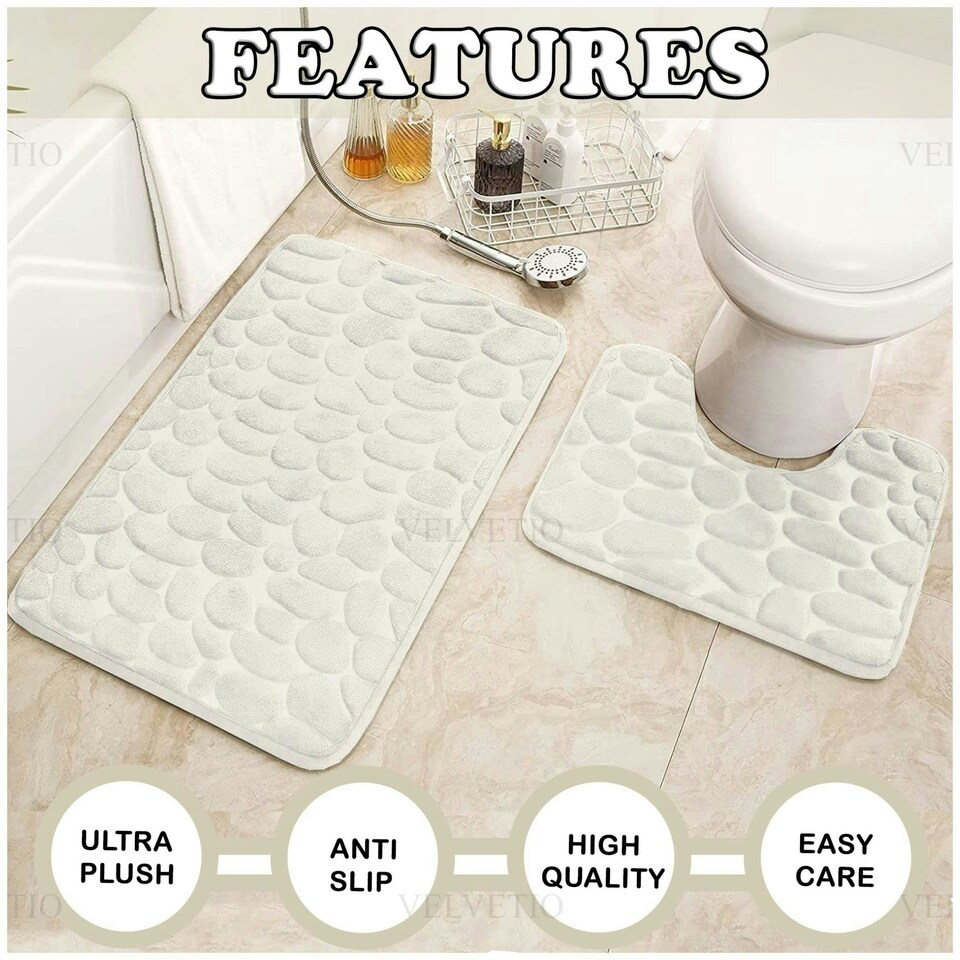 image 1 of VELVETIO 2Pc Pebble Bath Mat Set Memory Foam Bathroom Toilet Rugs Cream