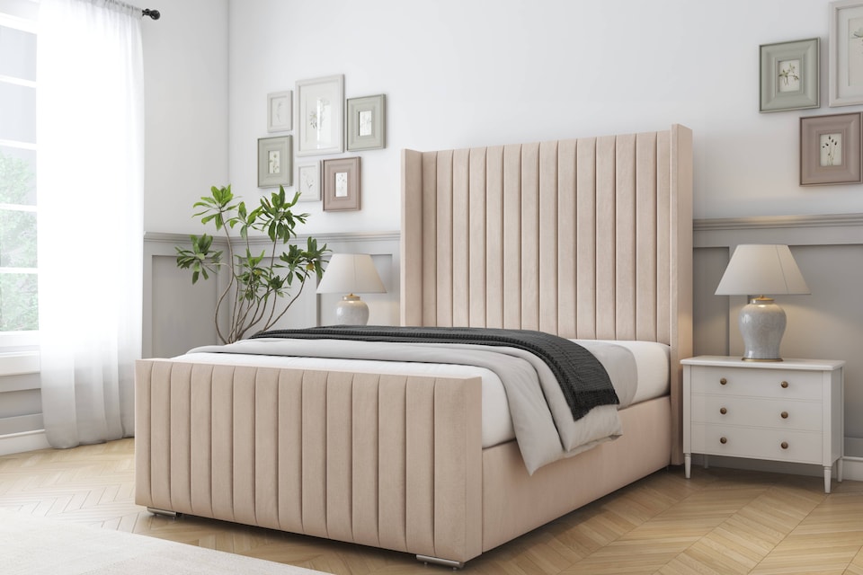 image 1 of Sloomy Marlborough Sand Naples Bed Frame With 50"  Upholstered Wingback Headboard 4' Small Double
