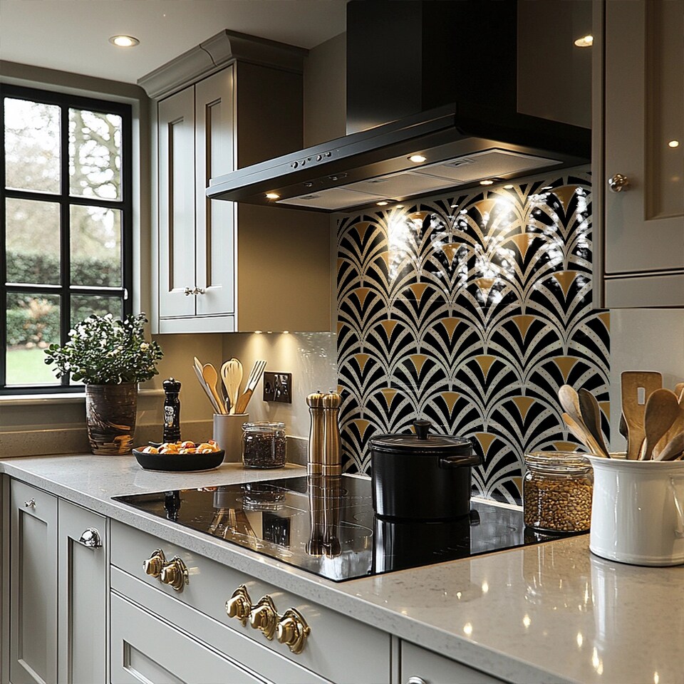image 1 of Black & Gold Shells Geometric Splash Back | White