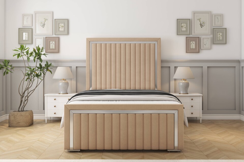 image 1 of Sloomy Boston Chrome Pebble Plush Bed Frame With 50" Upholstered Headboard 6' Super King