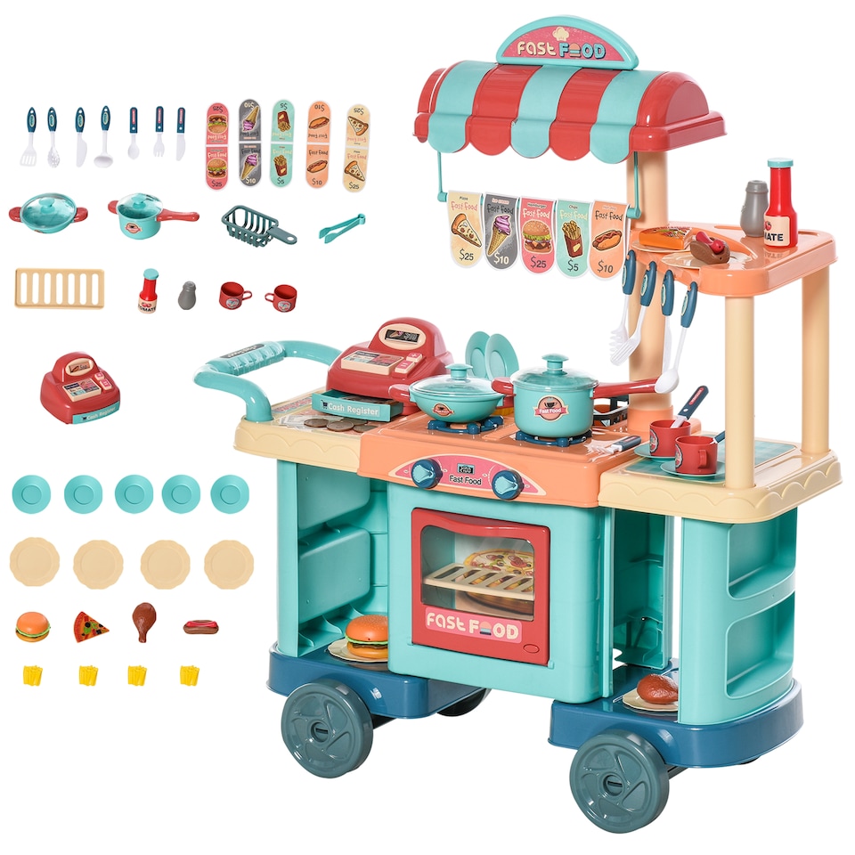 image 1 of HOMCOM 50 Pcs Kids Kitchen Play set Fast Food Trolley Cart Pretend Playset Toys with Play Food Cashier Register Accessories Gift for Boys Girls Age 3-6