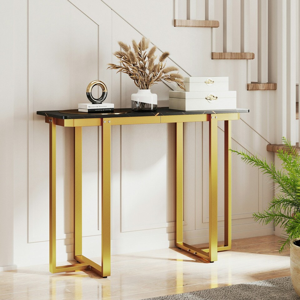image 1 of COSTWAY Console Table Faux Marble Entryway Table Gold