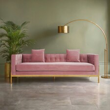 Velvet Upholstered 3 Seat Pink Sofa,Gold Finished Lounge Sofa,Low Profile Tufted Couch,Ideal For Outdoor Use Pink