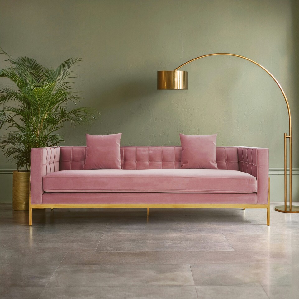 image 1 of Velvet Upholstered 3 Seat Pink Sofa,Gold Finished Lounge Sofa,Low Profile Tufted Couch,Ideal For Outdoor Use Pink