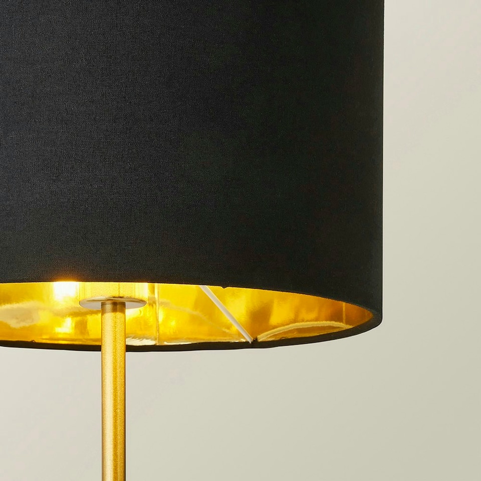 image 1 of ValueLights Christina Black with Metallic Gold Drum Shade Gold Palm Leaf Table Lamp and Bulb Gold