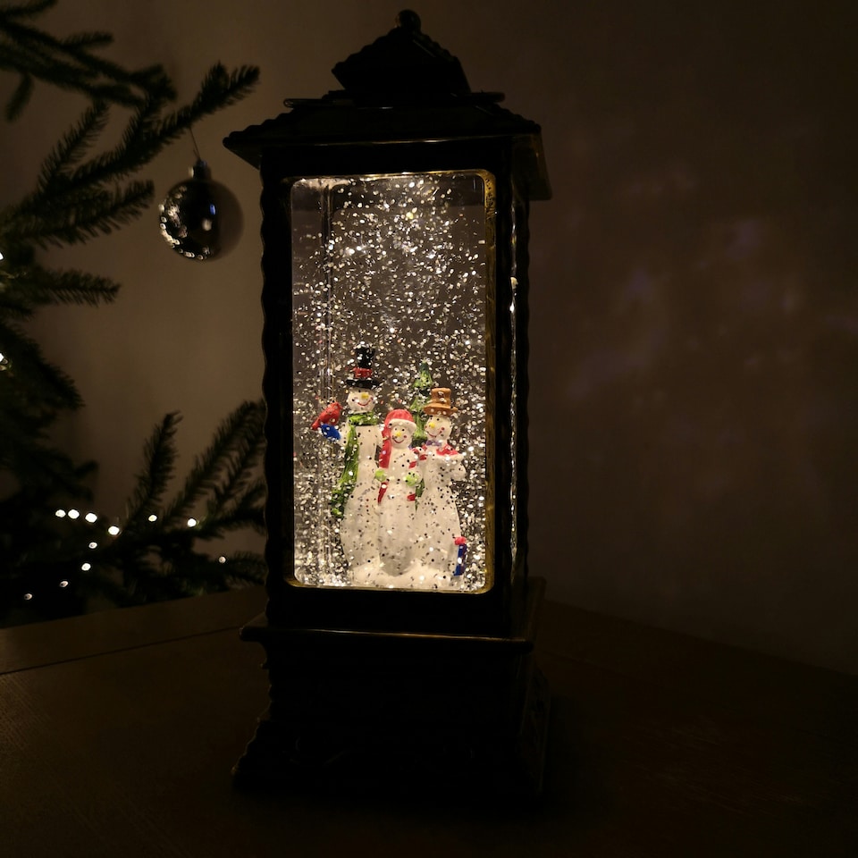 image 1 of 27cm Premier Glitter Water Spinner LED Lantern Christmas Decoration with Snowman Scene