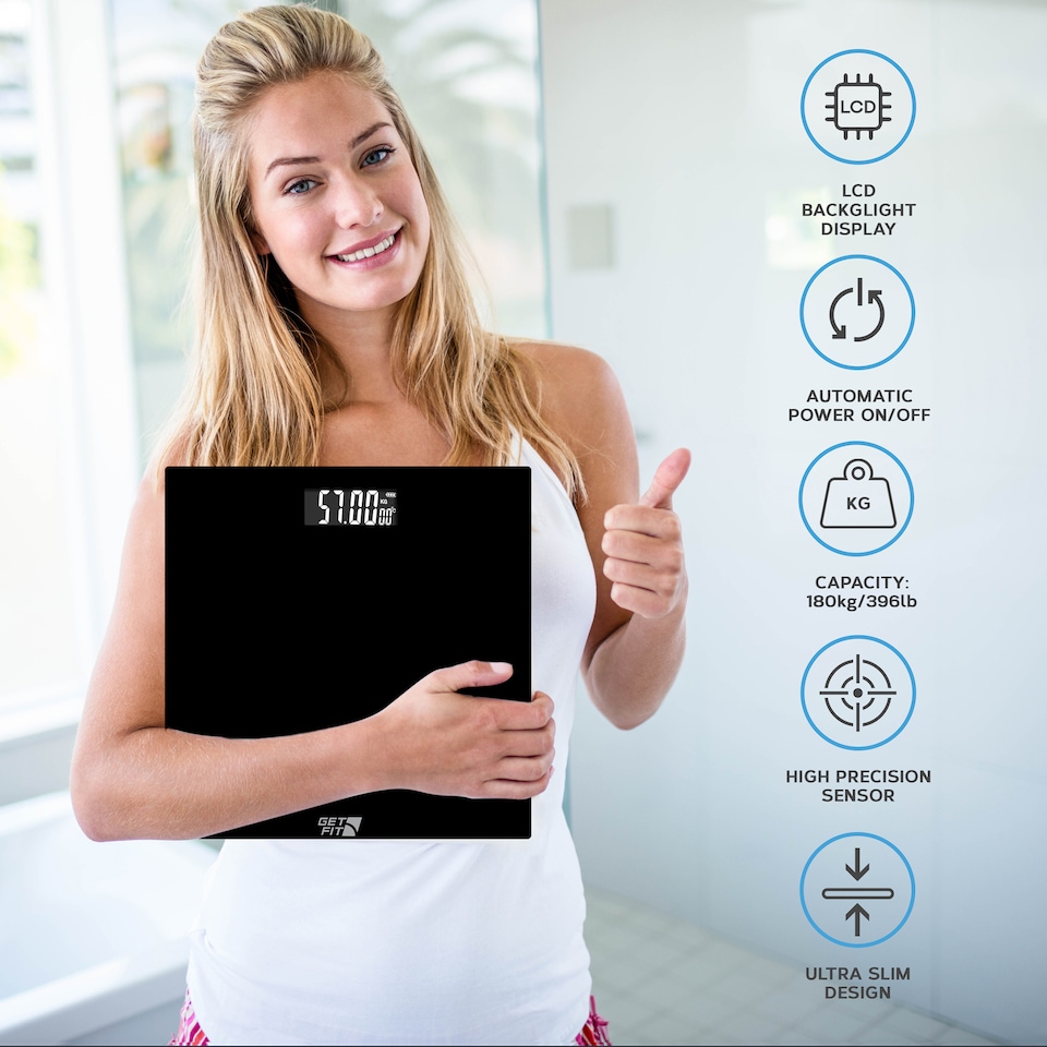 image 1 of Get Fit Digital Weighing Bathroom Scale - Lcd Display & Automatic On / Off - Room Temperature & Battery Health Indicator | Black | 29x29cm | 1