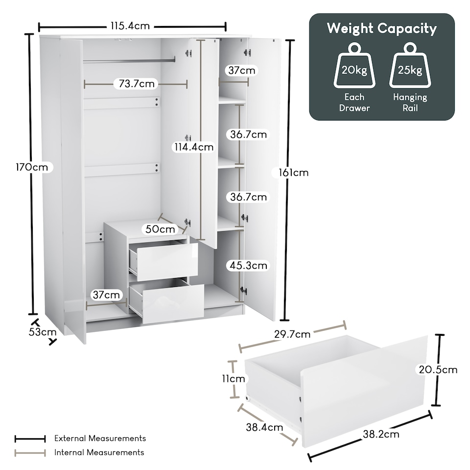 image 1 of Vida Designs Glinton 3 Door 2 Drawer Wardrobe With Clothes Rail, White