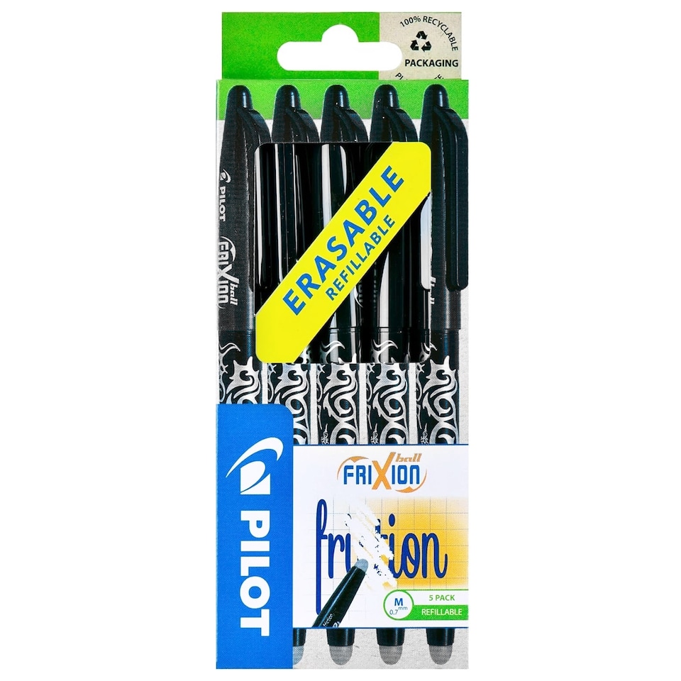 image 1 of Pilot Frixion Ball Rollerball Pen Medium 0.7mm Black Pack of 5