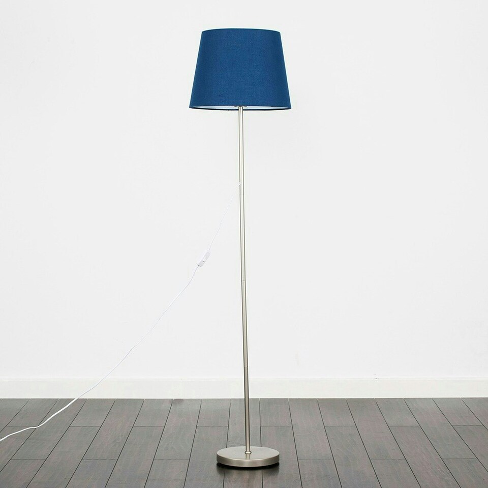 image 1 of ValueLights Modern Floor Lamp In Brushed Chrome Metal Finish With Navy Blue Shade