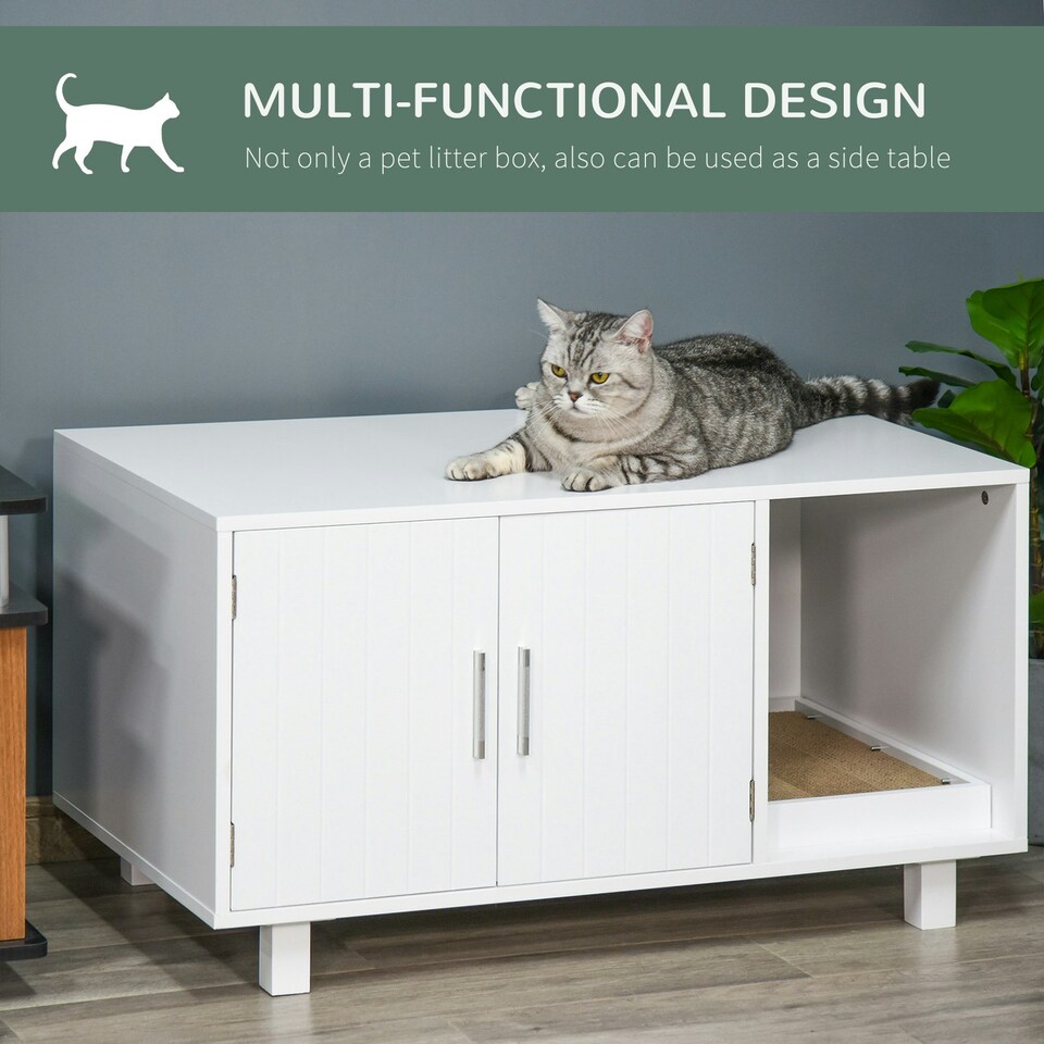 image 1 of PawHut Cat Litter Box Enclosure & House w/ Nightstand/End Table Design, White