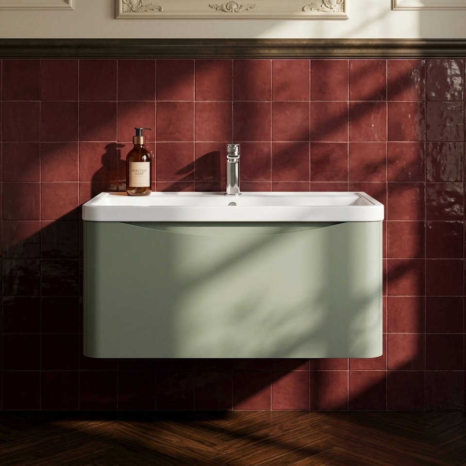 image 1 of Balterley Arch Bathroom Wall Hung 1 Drawer Vanity Unit & Polymarble Basin | Green | Satin Green