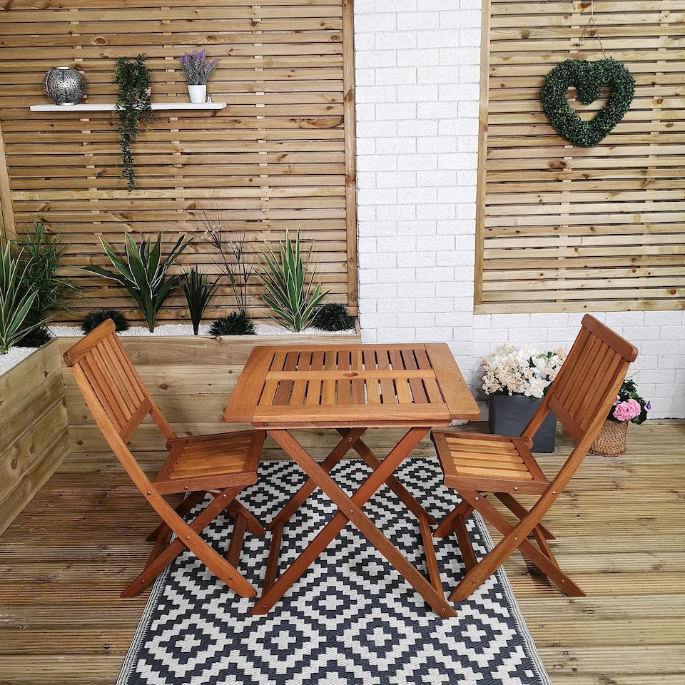 image 1 of Outdoor 2 Person Folding Square Wooden Garden Patio Dining Table and Chairs Set