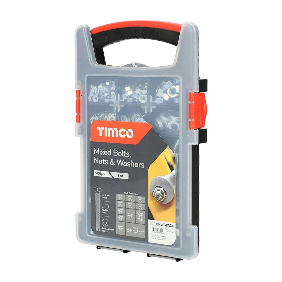 image 1 of Timco - Mixed Bolts, Nuts and Washers Grab Pack - Zinc (Size 500pcs - 500 Pieces)