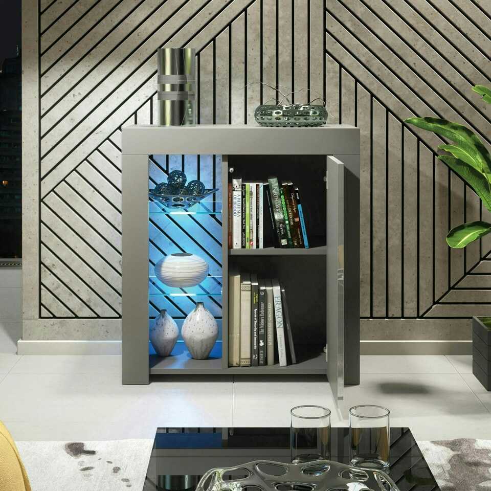 image 1 of Sideboard 75cm Grey Gloss Door Grey Matt Body Glass Shelves Free LED Grey