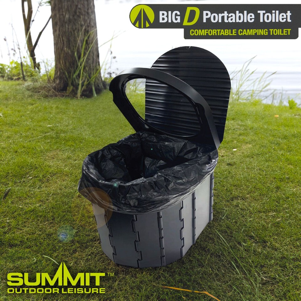 image 1 of vfm-estore Camping Folding Portable Toilet with Lid Black - Collapsible D-Shaped Seat