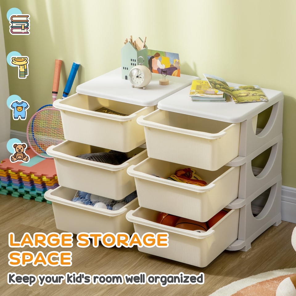 image 1 of HOMCOM Kids Storage Units with Drawers 3 Tier Chest Dresser Tower Cream