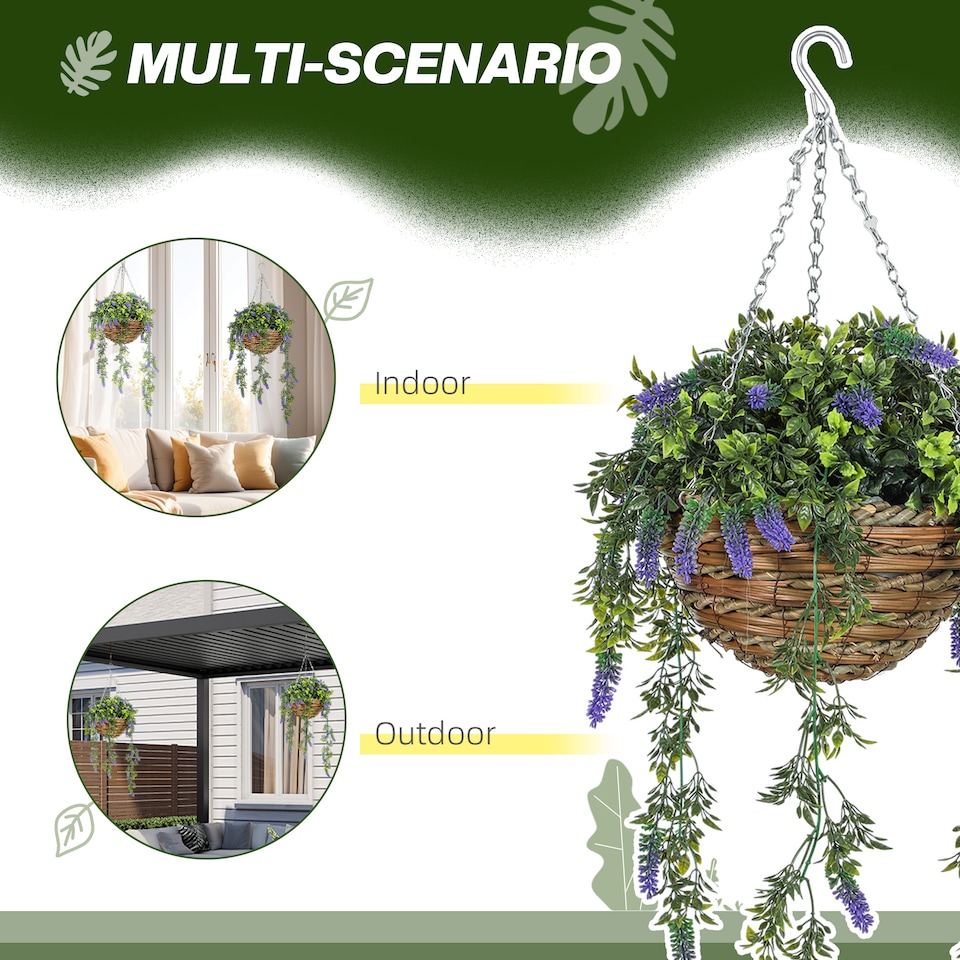 image 1 of HOMCOM Set of 2 Decorative Artificial Plants, FauSilk Lavender Flowers in Hanging Baskets, Fake Plants for Home Indoor Outdoor Decor, Purple