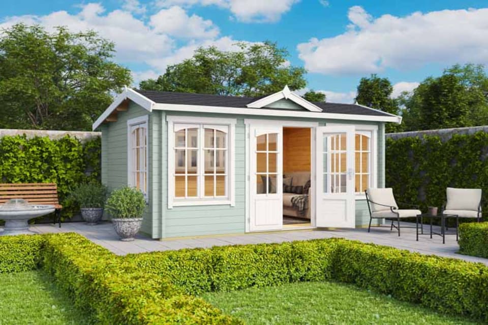 image 1 of Windsor 44-Log Cabin, Wooden Garden Room, Timber Summerhouse, Home Office - L440 x W340.8 x H239.4 cm | Brown
