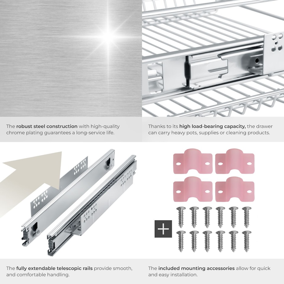 image 1 of Drawer with Telescopic Runners - chrome finish, adjustable width, with full extension | Grey | grey | 40 cm | 1