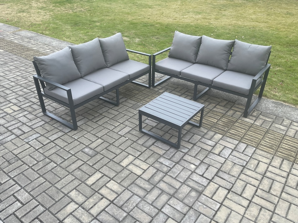 image 1 of Fimous Aluminium 3 Pieces Garden Furniture Sofa Set with Cushions 6 Seater Outdoor Patio Set with Square Coffee Table Dark Grey