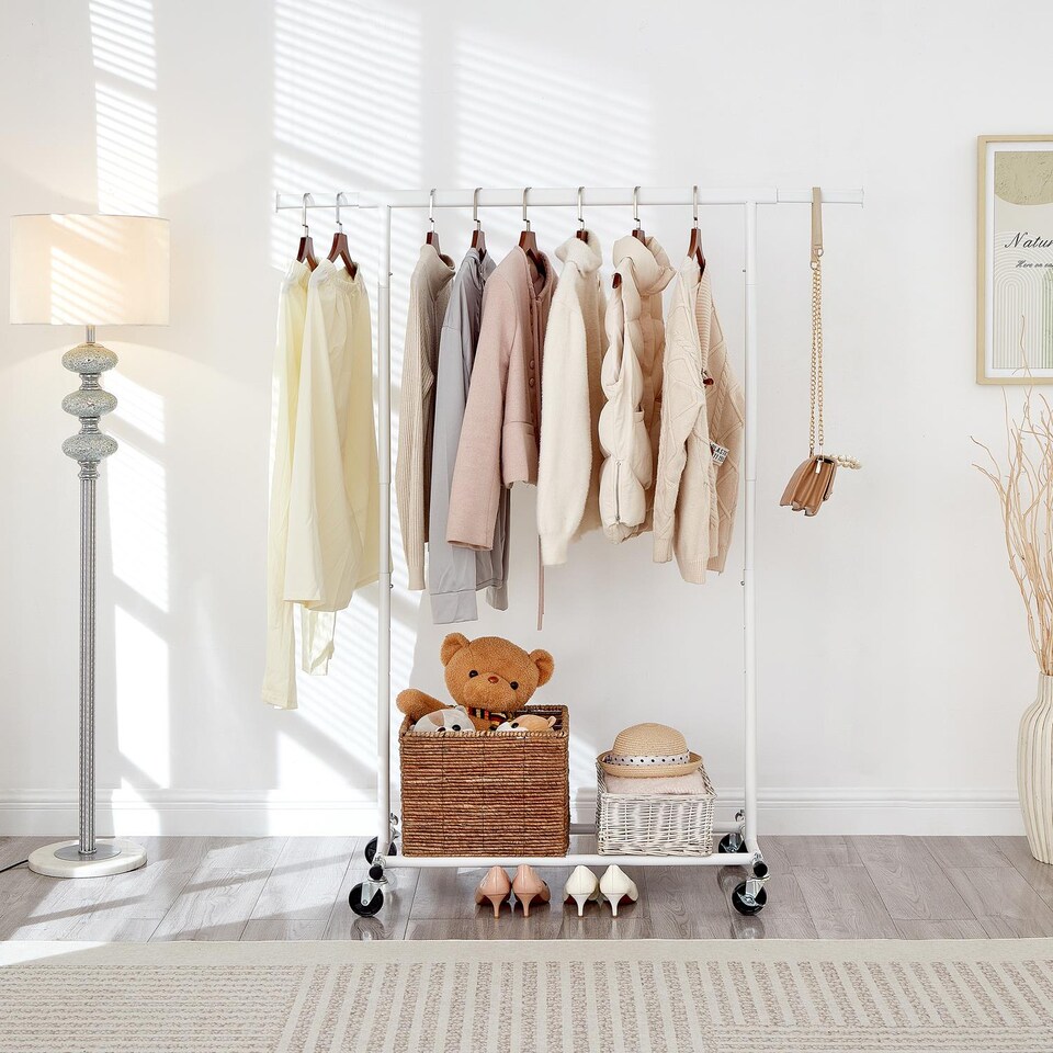 image 1 of House of Home Heavy Duty White Clothes Rail Adjustable Width, Height Shelf on Wheels, 100kg Capacity