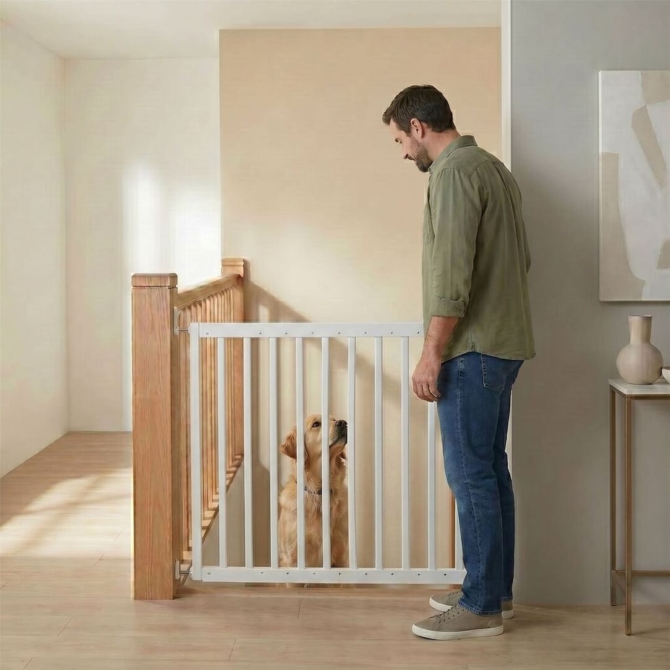 image 1 of Safetots Top of The Stairs Screw Fitted Stair Gate, White Wooden, 63.5cm - 105.5cm, Wood Baby Gate, Stylish Safety Gate | White | 1
