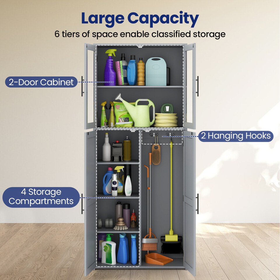 image 1 of COSTWAY Broom Closet Storage Cabinet Wooden Utility Grey