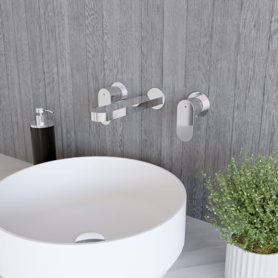 image 1 of Current Round Wall Mount 3 Tap Hole Basin Mixer Tap, Back Plate Chrome