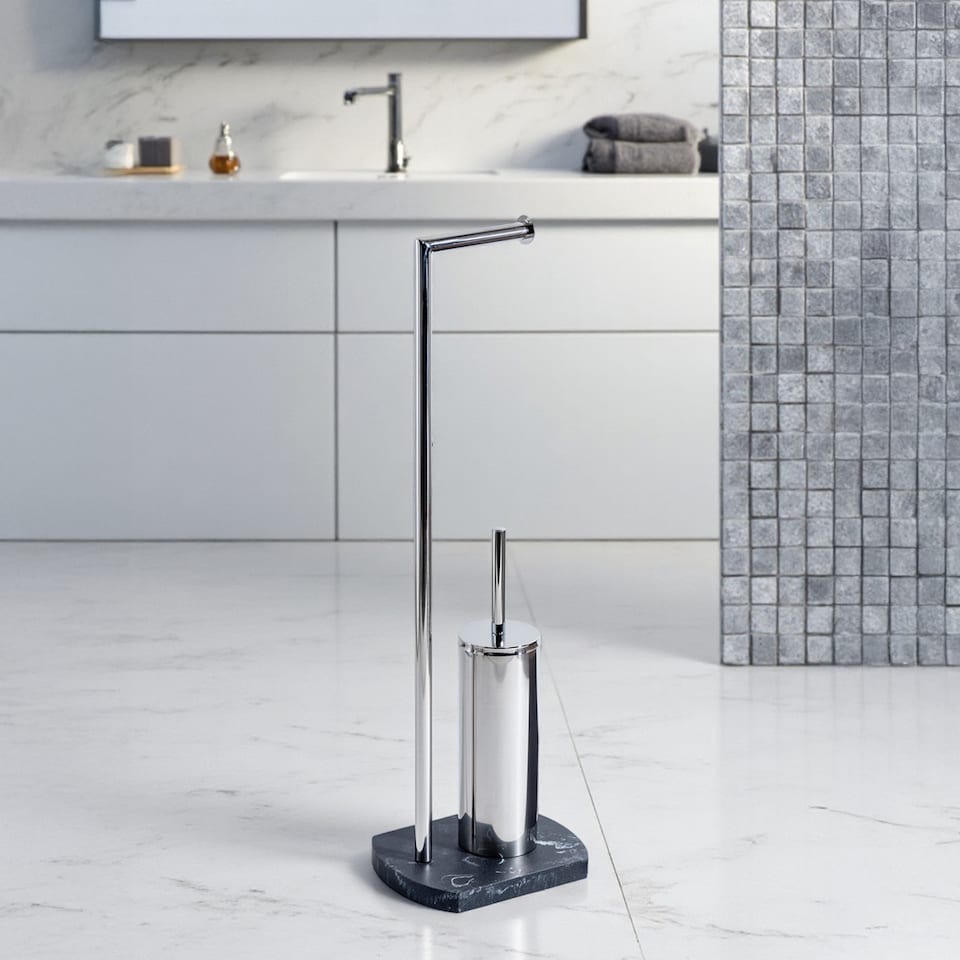 image 1 of Showerdrape Octavia Grey Marble & Chrome Toilet Roll Holder & Toilet Brush Combination | Grey | 1