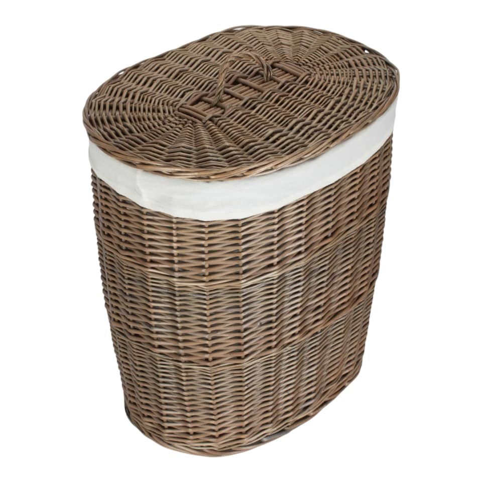 image 1 of Antique Wash White Cotton Lined Oval Willow Laundry Basket