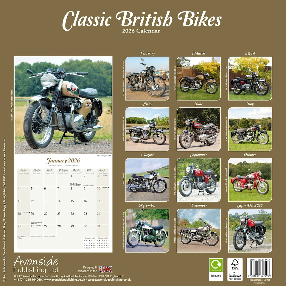 image 1 of Classic British Bikes 2026 Calendar | Square Wall Calendar | Motorcycle Gift | Plastic Free Packaging | by Avonside Publishing
