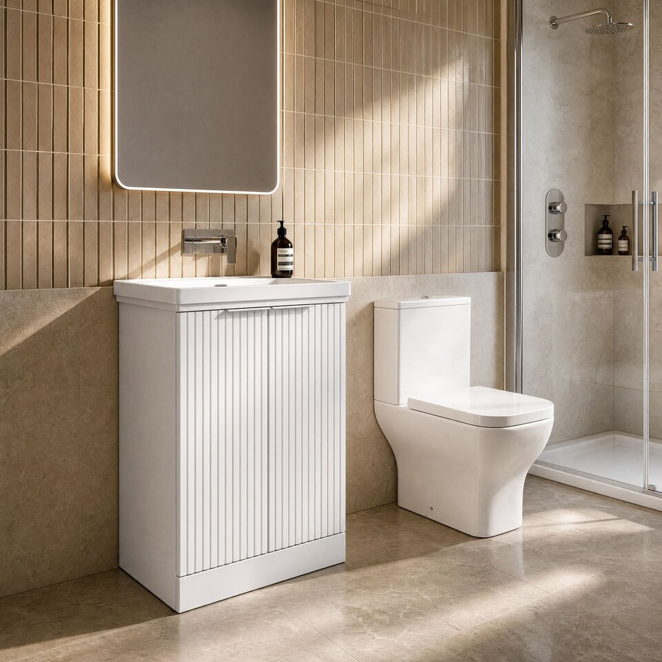 image 1 of Balterley Callingwood Contemporary Floor Standing 2 Door Vanity Unit with Traditional 0 Tap Hole Fireclay Basin , 600mm, Matt White
