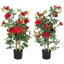 HOMCOM Artificial Rose Tree Set of 2 with 344 Silk Leaves & 17 Flowers | Black | Red | One Size