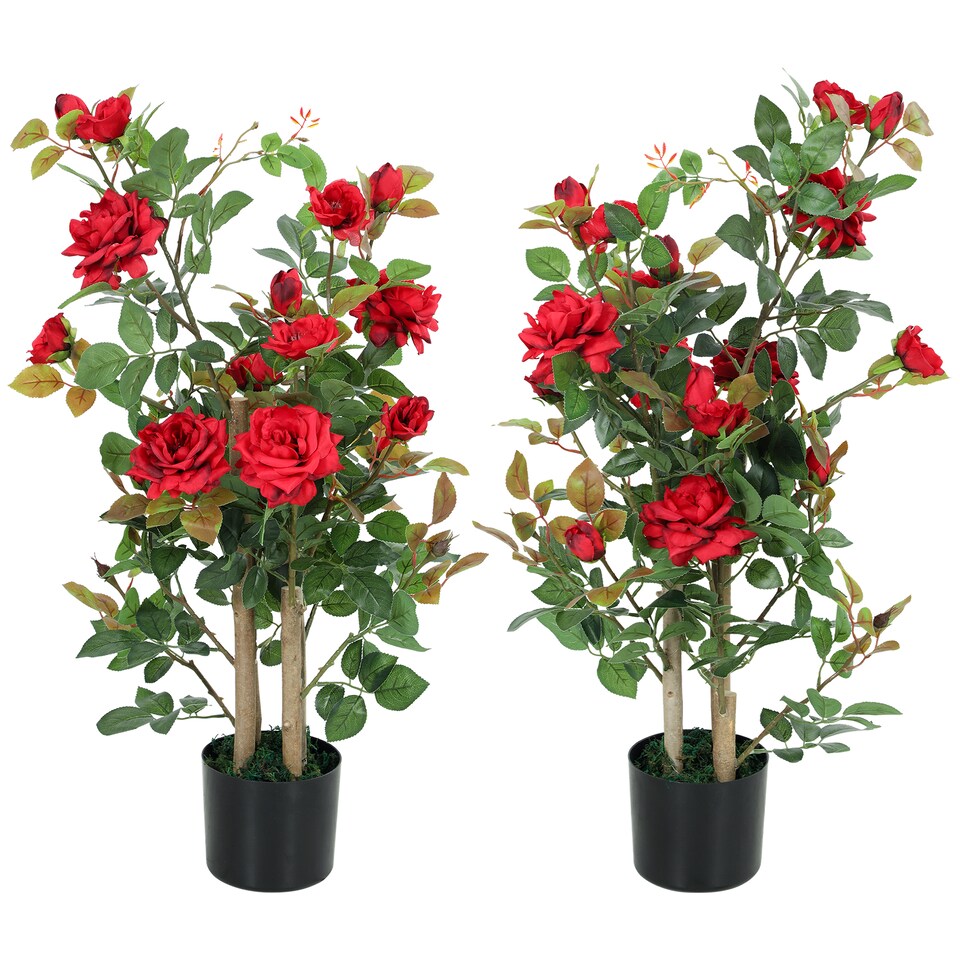 image 1 of HOMCOM Artificial Rose Tree Set of 2 with 344 Silk Leaves & 17 Flowers | Black | Red | One Size