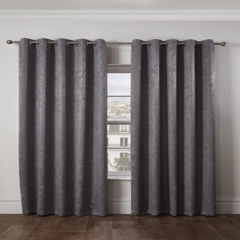 image 1 of Royal Damask Elegant Woven Blackout Eyelet Curtains 116cm x 137cm Silver Grey | Grey