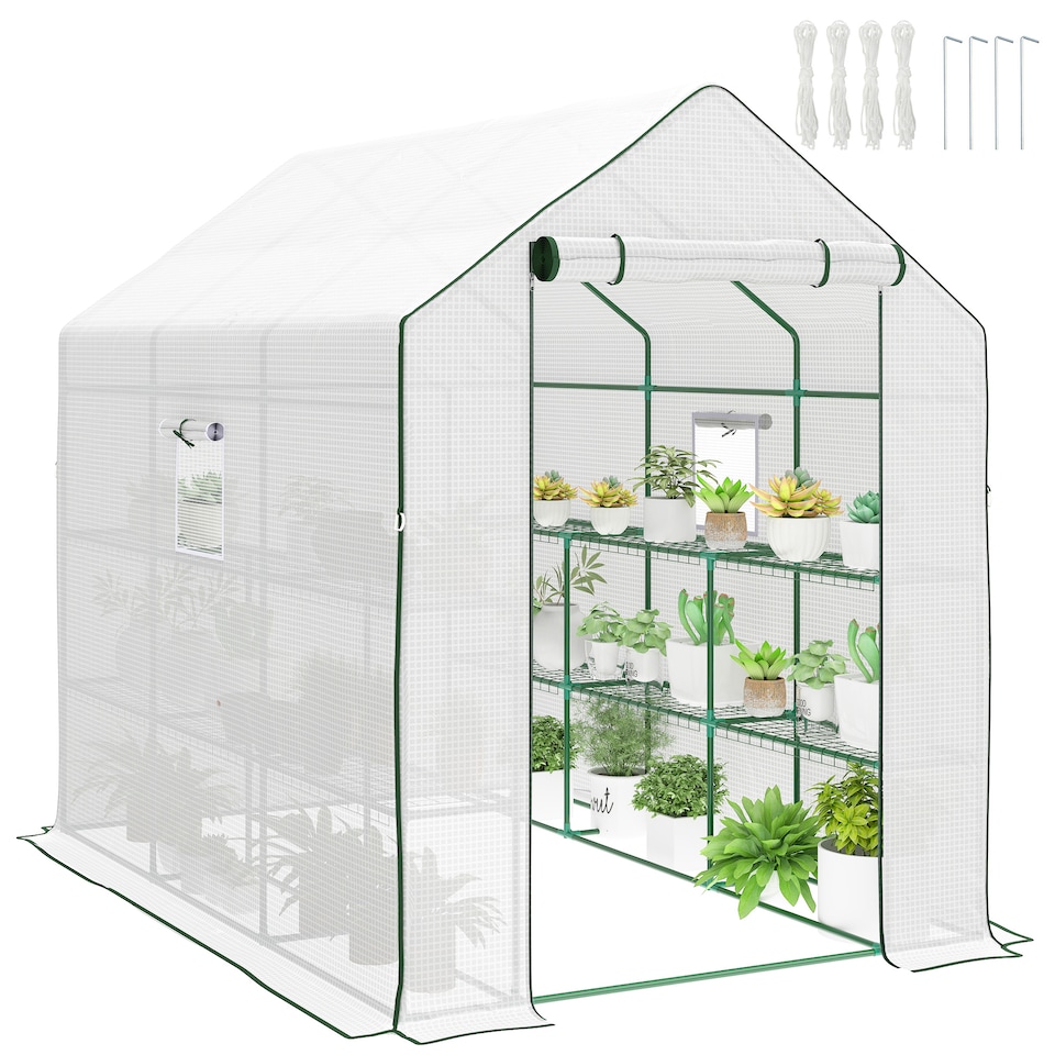 image 1 of Outsunny Walk-in Outdoor Green House with Door and Mesh Windows, White