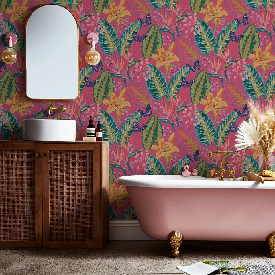 image 1 of Envy Eden Hot Pink Wallpaper Pink | Green