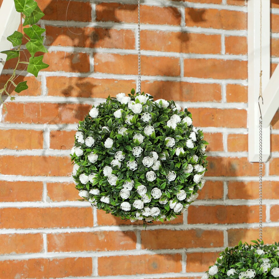 image 1 of HOMCOM Set of 2 Decorative Artificial Plants, UV-protected Artificial Plant Topiary Rose Balls, Fake Plants for Home Indoor outdoor Decor, 28cm, White