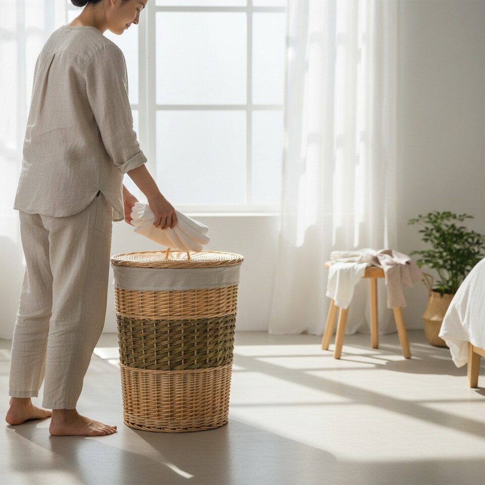 image 1 of Two Toned Round Wicker Laundry Basket with Lid | Brown | Brown