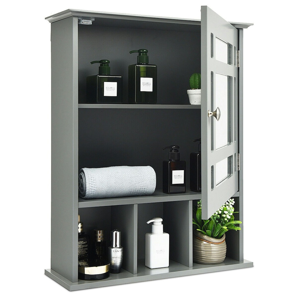 image 1 of COSTWAY Bathroom Wall Storage Cabinet Medicine Organizer Grey | Grey | 1